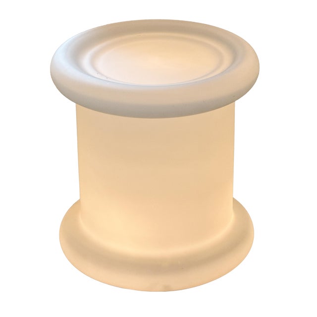 Vintage 1970s space age Ialian floor lamp in satin opaline glass. The cylindrical spool form features softly rounded top...
