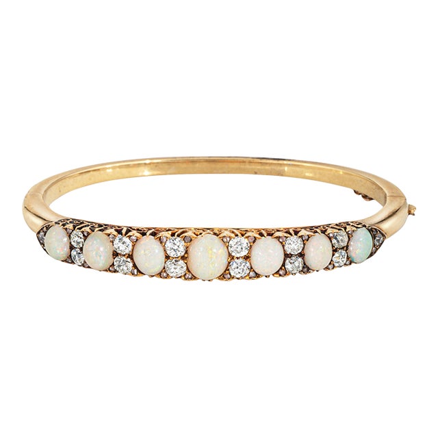 Antique Victorian Opal Diamond Bangle Bracelet 14k Yellow Gold Fine Jewelry For Sale