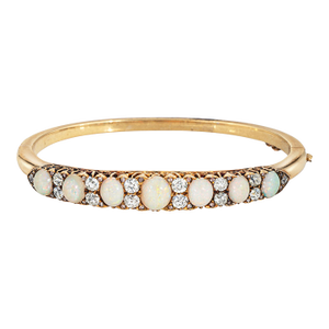 Antique Victorian Opal Diamond Bangle Bracelet 14k Yellow Gold Fine Jewelry