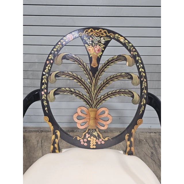 Late 20th Century Late 20th Century Pair of Karges Hepplewhite Plum Arm Chairs Ebonized, Carved Hand Painted Leather Fabric For Sale - Image 5 of 12