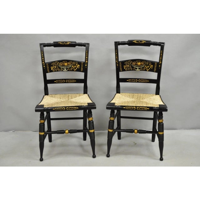 Mid 20th Century Vintage Nichols & Stone Hitchcock Harvest Stencil Painted Black Side Chair Pair For Sale - Image 12 of 12