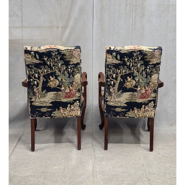 Pair of Vintage Queen Anne Chairs and Ottoman With Black Toile Upholstery For Sale - Image 15 of 17