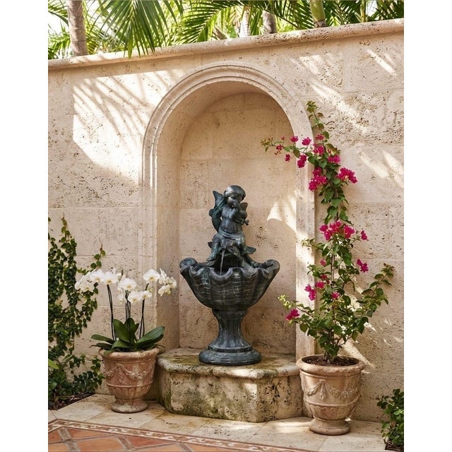 Vintage Neoclassical Bronze Cherub Riding Dolphin Shell Basin Fountain For Sale - Image 11 of 12