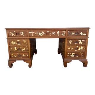 Mid-Century Hong Kong Chinoiserie Desk With Mother-of-Pearl Figural Inlay by Majestic Co., C. 1950s For Sale