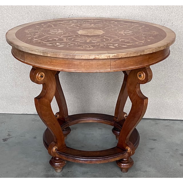 French 20th French Marquetry Round Center Table With Four Cabriole Legs '2 Available' For Sale - Image 3 of 11