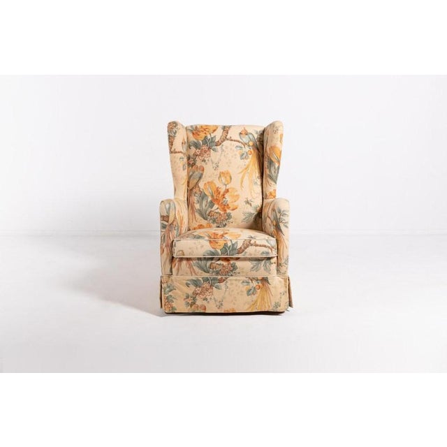 Mid-Century Lysberg Hansen and Therp furniture armchair with linen upholstery embellished with birds and flowers. Produced...