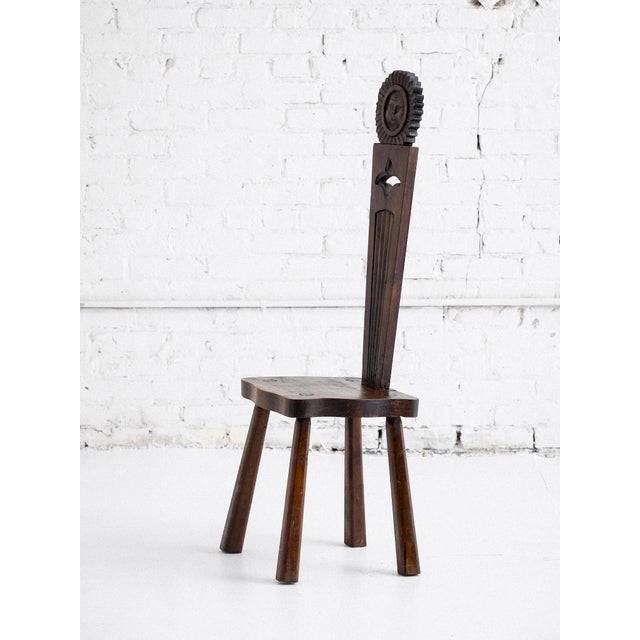 Rustic European French Brutalist Carved “Sun Face” Stool, France, Circa 1950s For Sale - Image 3 of 11