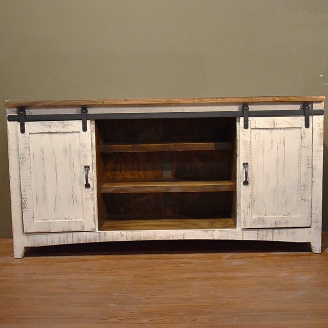 Rustic Greenview Sliding Door White Console - 68" For Sale - Image 3 of 7