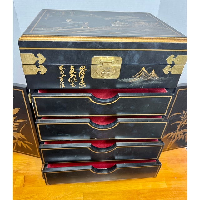Asian Vintage Large Lacquered Asian Jewelry Box Chest For Sale - Image 3 of 16