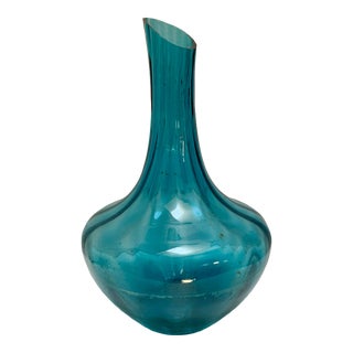Large Vintage Blue Glass Artisan Vase For Sale