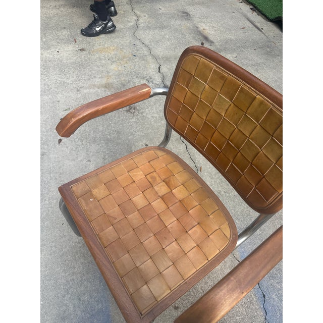 Modern Vintage Chrome and Woven Leather Dining Set With Geometric Glass Top For Sale - Image 3 of 9