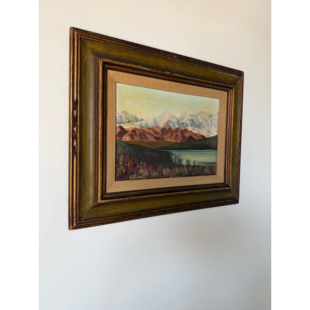 Vintage 1970s landscape oil on canvas by P. Rimi, depicting a scenic view of Mount McKinley (Denali) with snow-covered...