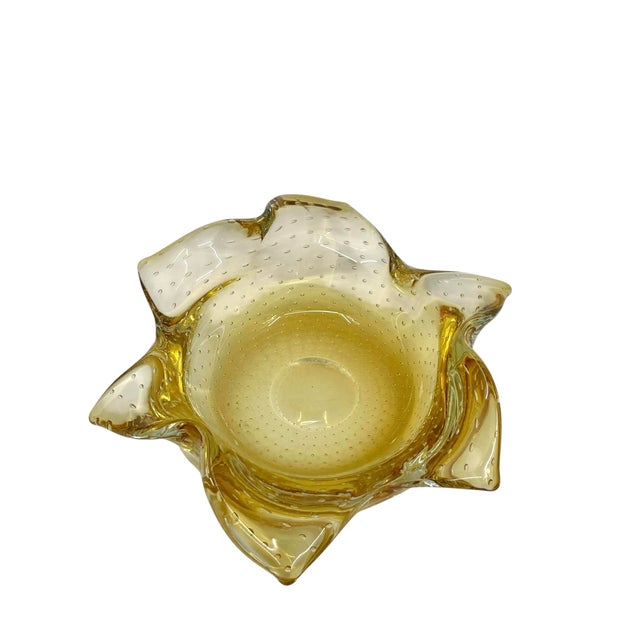 1970s Vintage Murano Bullicante Controlled Bubble Art Glass Amber Yellow Ashtray/ Catchall For Sale - Image 5 of 10
