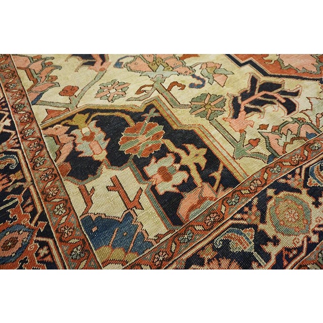 Textile 1890s Red Medallion Tribal Antique Persian Heriz Serapi Rug 8' 5" X 12' 6" Knotted Wool Carpet For Sale - Image 7 of 11