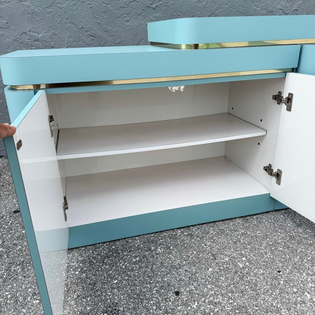 Sky Blue Postmodern Sky Blue Matte Laminate Credenza With Gold Accent For Sale - Image 8 of 9