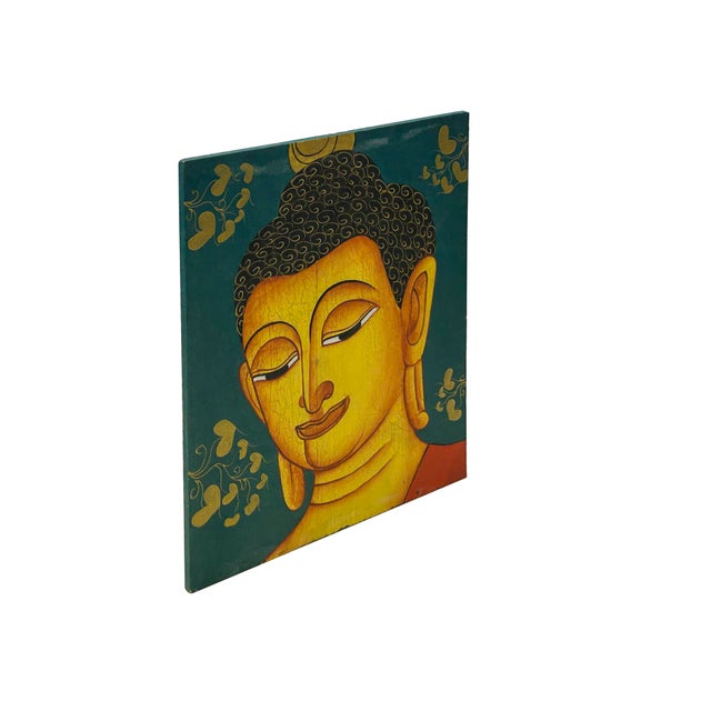 Vintage HandPainted Artistic Buddha Head Wood Plaque Art For Sale - Image 4 of 6