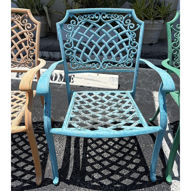 Blue Vintage Cast Aluminum Brightly Painted Outdoor Armchairs- Set of 6 For Sale - Image 8 of 18