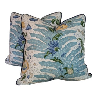 Brunschwig & Fils Riviere Aqua Pillows With Blue Cord- Double Sided Pair For Sale