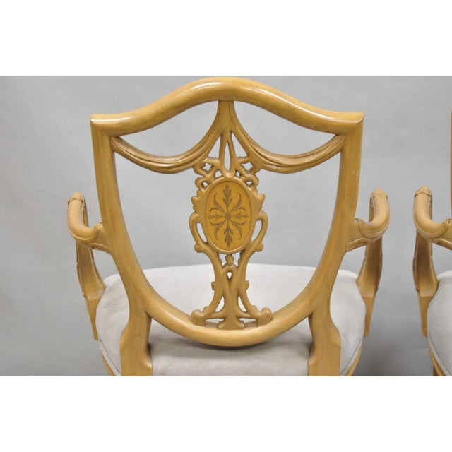 Late 20th Century Hepplewhite Prince of Wales Drape Carved Shield Back Dining Arm Chairs - A Pair For Sale - Image 12 of 14