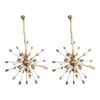 Pair of Brass Eighteen-Light Sputnik Chandeliers in the Mid-Century Modern Style For Sale