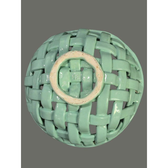 Late 20th Century Italian Majolica Glazed Ceramic Open Weave Teal & White Decorative Basket For Sale - Image 4 of 6