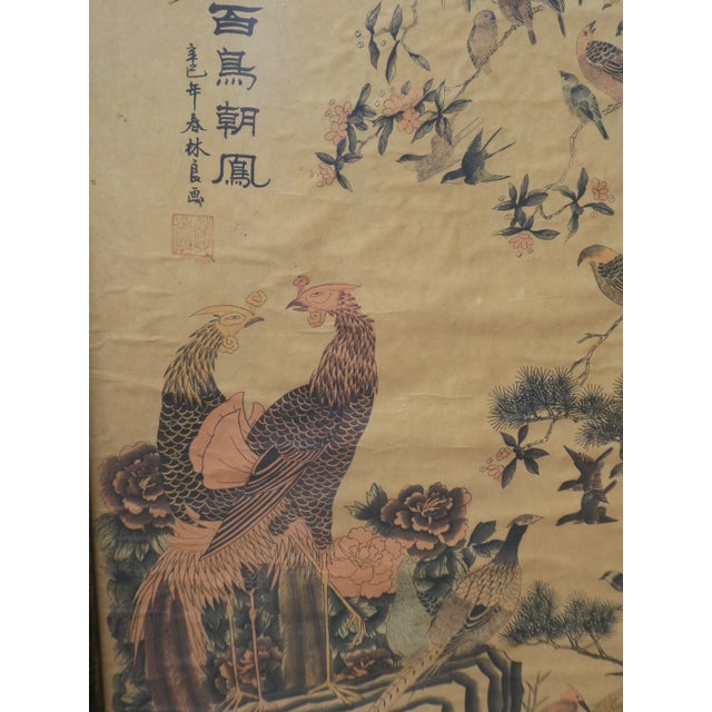 Late 19th Century Antique Oriental Birds and Flowers Scroll Painting For Sale - Image 5 of 9