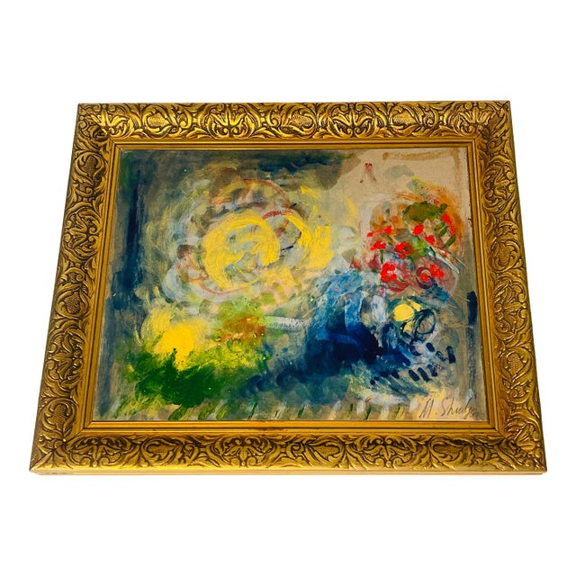 1970s Abstract Painting in Antique Frame Signed For Sale
