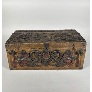 Polychrome carved wooden chest, 16th century, France For Sale