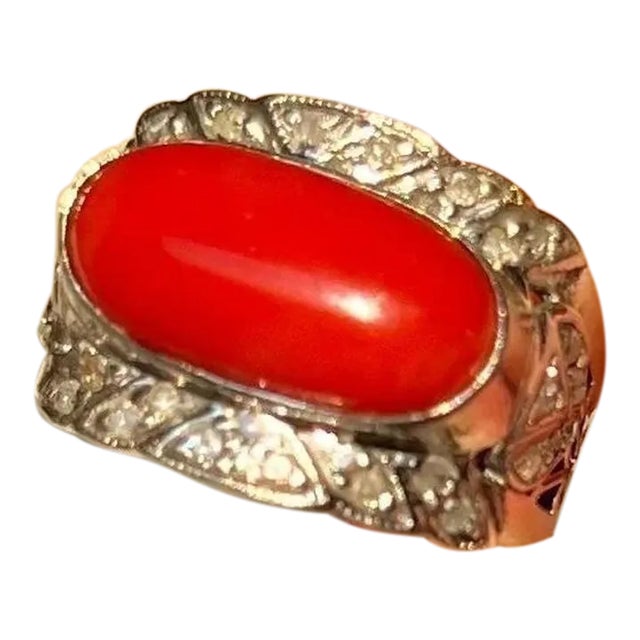 Japanese Red Coral (OX Blood Coral) and Diamond Ring in 18K White Gold, Size 7.5 For Sale