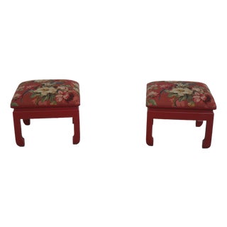 Pair of Chinese Style Red Bird & Flower Ottoman or Stools - New Upholstery For Sale