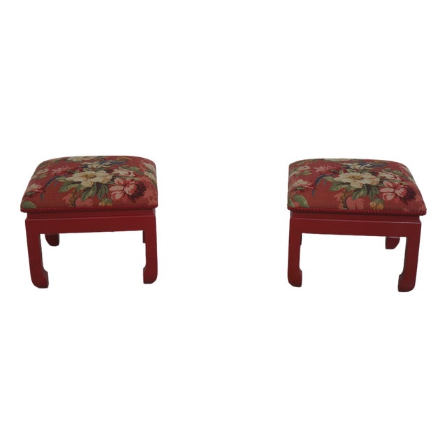Pair of Chinese Style Red Bird & Flower Ottoman or Stools - New Upholstery For Sale