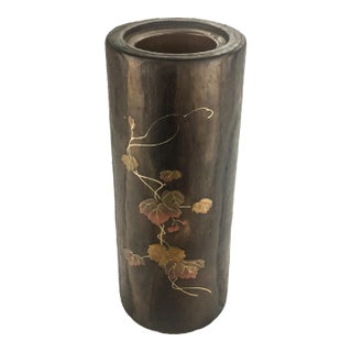 Tall Vintage Japan Hand Carved Wood Flower Vase With Copper Insert & Frog For Sale