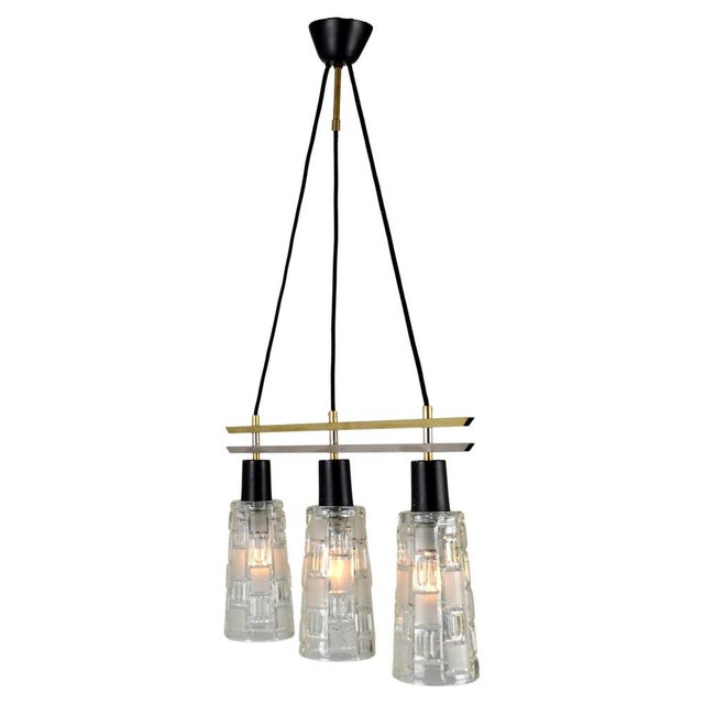 Metal Triple Light Hanging Lamp in Brass Chrome and Clear Glass, 1960s For Sale - Image 7 of 14