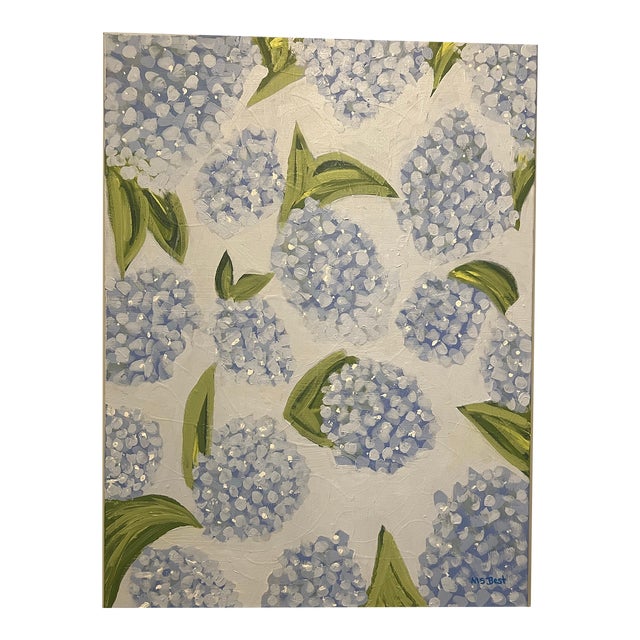 Modern Abstract Floral Hydrangea Acrylic Painting on Canvas, “Hydrangea on Ocean Street,”Signed, Dated For Sale