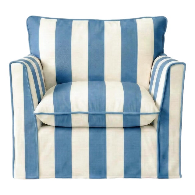 Sophie Conran Coco Armchair - Cornish Blue Wide Stripes with Knife Edge Cushion For Sale