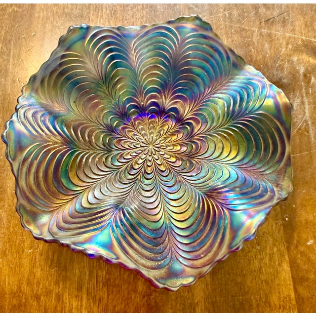 Blue 1910s Fenton Peacock Tail Blue Ruffled Dish For Sale - Image 8 of 12