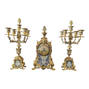 Antique Faberge Style Bronze Enamel Dolphin Clock Set