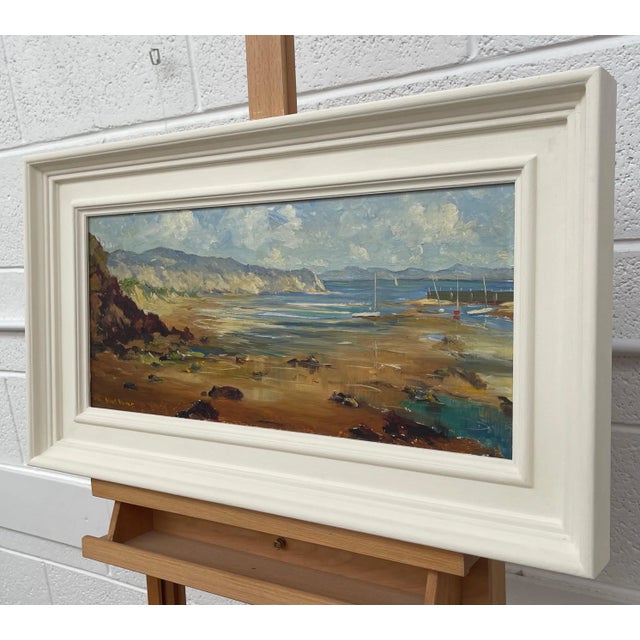 Mid-20th Century Impasto Oil Painting of Coastal Harbour Scene With Mountains in Wales For Sale - Image 4 of 9