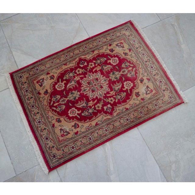 Distressed Turkish Yastik Petite Rug Low Pile Hand Knotted Mat - 1'8'' X 2'4'' For Sale - Image 13 of 14