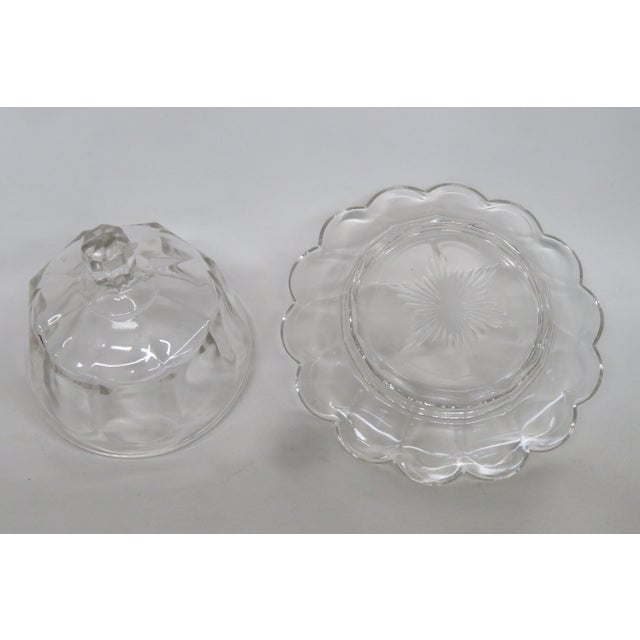 Mid 20th Century Clear Pressed Glass Covered Butter Cheese Serving Dish Petal Scalloped Rim For Sale In Miami - Image 6 of 16