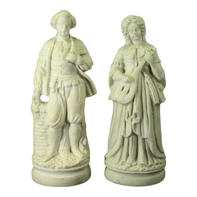 19th Century Couple of Musicians Flute & Mandolin Bisque Figurines- a Pair For Sale