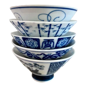 Circa 1970 Footed Sometsuke -染付 (Blue & White) Japanese Bowls – Set of 5