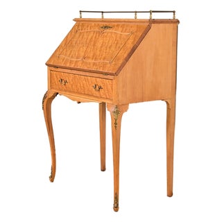 Baker Furniture Style Antique French Provincial Louis XV Birdseye Maple Drop Front Secretary Desk With Mounted Brass Ormolu, Circa 1890s For Sale