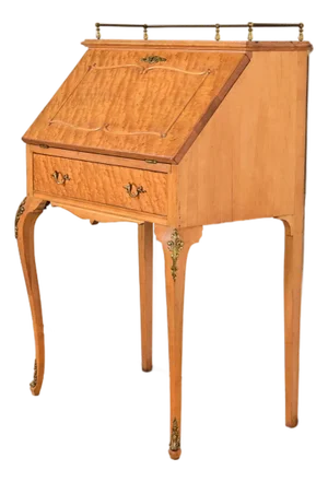 Baker Furniture Style Antique French Provincial Louis XV Birdseye Maple Drop Front Secretary Desk With Mounted Brass Ormolu, Circa 1890s