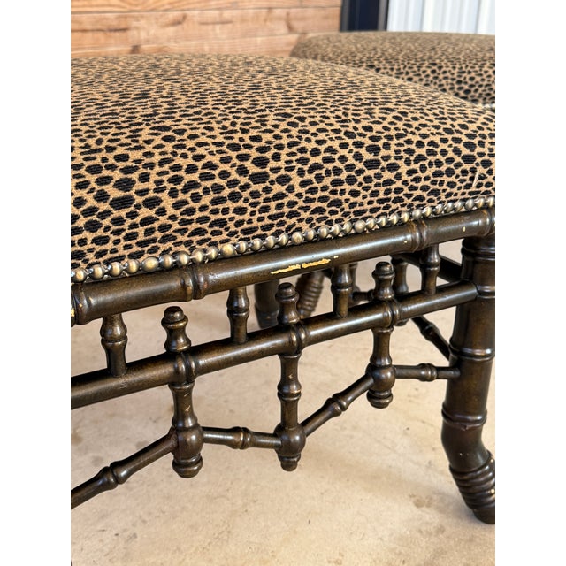 Baker Furniture Company Vintage Chinoiserie Faux Bamboo Fretwork Ottomans With Leopard Upholstery-Pair For Sale - Image 4 of 12