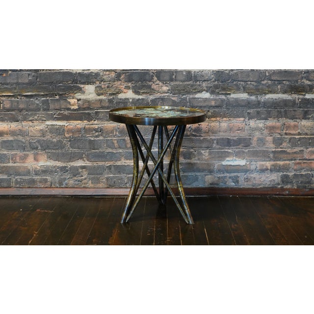 Chinoiserie 1960s Bronze "Shang Ti" End Table by Philip and Kelvin LaVerne With Blue Enamel Floral Motif For Sale - Image 3 of 6