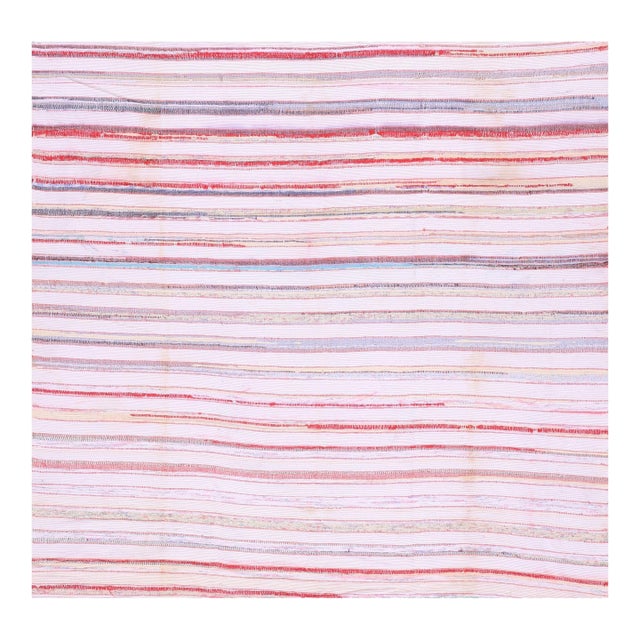 1930s Multicolor Stripe Folk Art Antique American Rag Rug 5'5" X 5'5" Flatweave Cotton Carpet For Sale