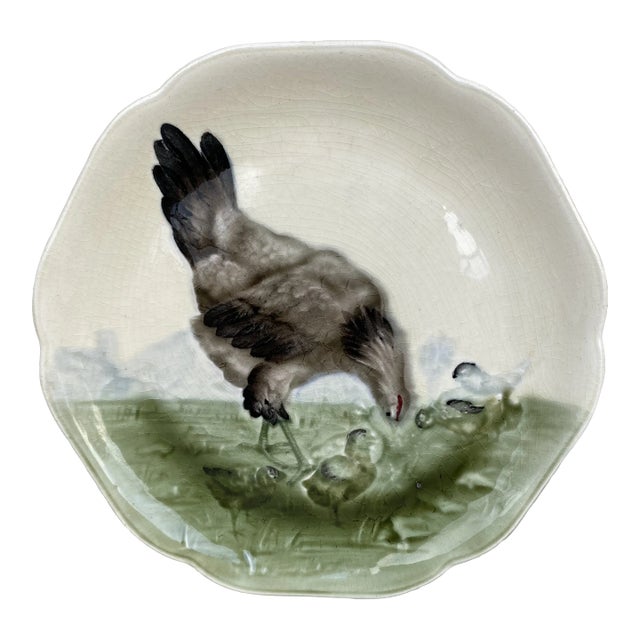 19th Century Choisy Le Roi Majolica Hen & Chicks Plate For Sale