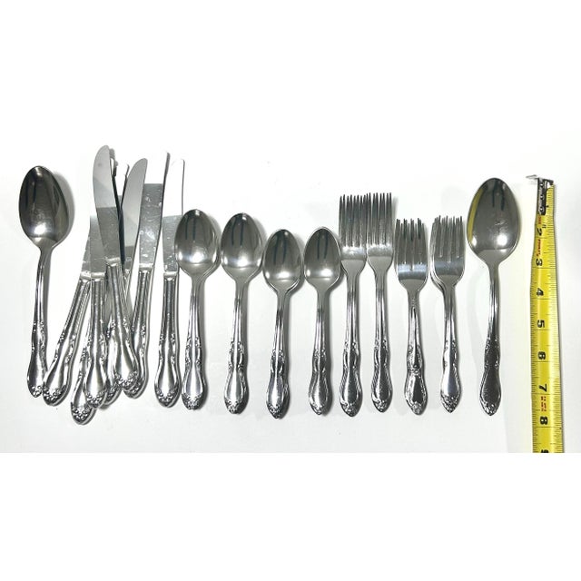 Metal Vintage Rogers Stainless Steel Flatware Set – Mid Century Floral Pattern Tableware (48 Pieces) For Sale - Image 7 of 9