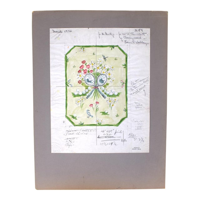 Watercolor Design for a Celadon Rug W/ X'd Tennis Racquets 1970 by George Wells (1906–1988) For Sale